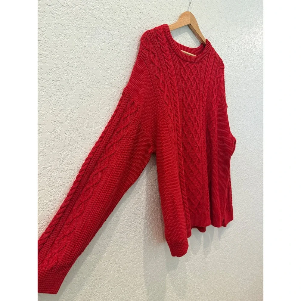 J.Crew Womens 2X Red Cable Knit Sweater 100% Cotton Crewneck Pullover Fisherman - Picture 3 of 10